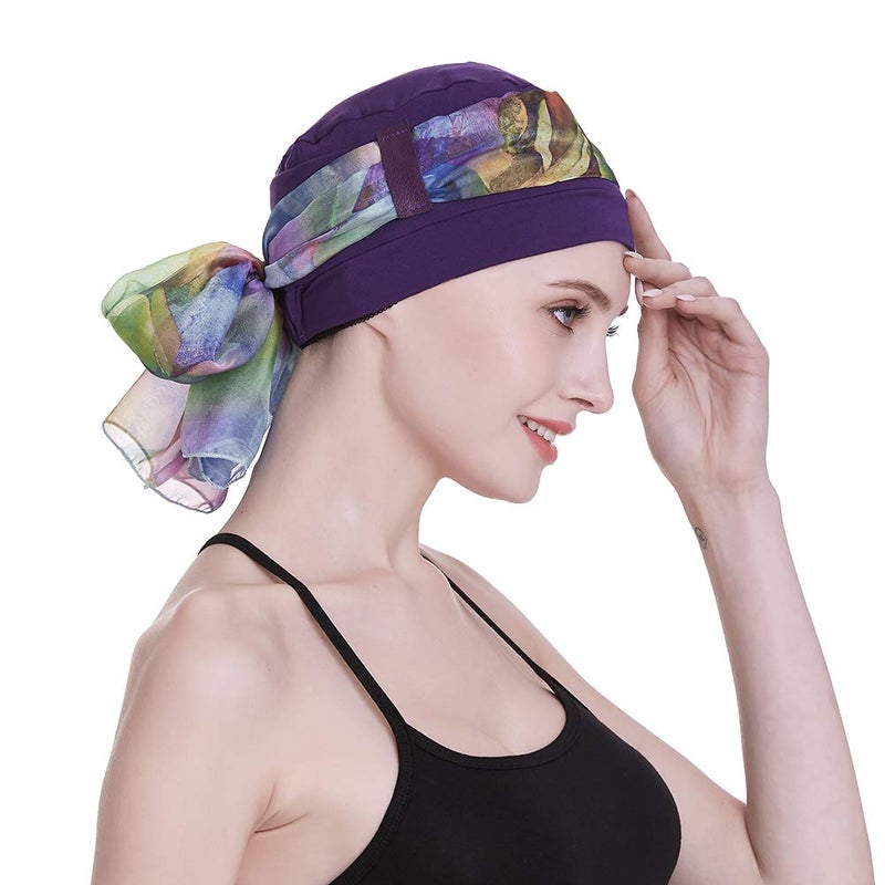 FocusCare Sleep Caps for Chemo Women Alopecia Hair Loss Hats Scalp Bonnets Cancer Headwear Purple - Image 2